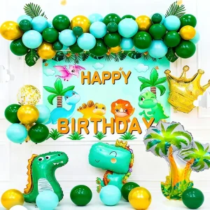 1 Cute Dinosaur Happy Birthday Poster Backdrop Palm Tree Round Aluminum Foil Balloons Durable Kids’ Birthday Party Decoration