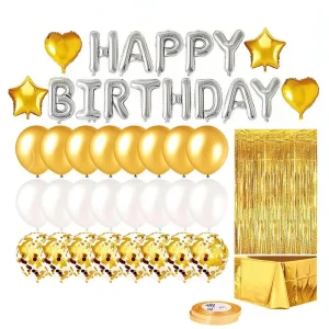 1 Golden and Silver Theme Birthday Balloon Set for Birthday Party Decoration Raindrop Curtain Tablecloth Confetti Balloons