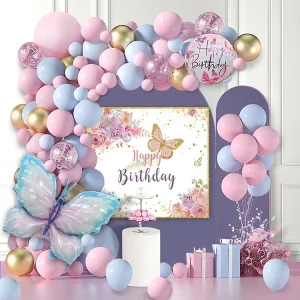 1 Macaron Latex Balloons Arch Butterfly Aluminum Foil Happy Birthday Poster Birthday Party Decoration Setup Durable for Kids