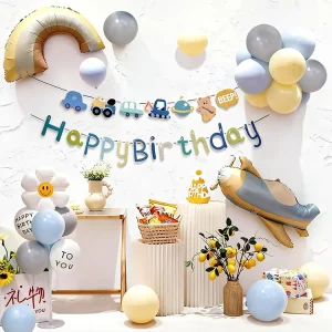 1 Matte Airplane Rainbow Smile Daisies Aluminum Foil Gravure Printed Durable Balloons Happy Birthday Party Decoration Set Kids