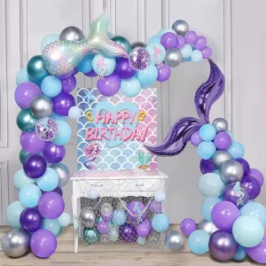 1 Mermaid Tail Foil Latex Balloon Arch Kit Durable Offset Printed Happy Birthday Poster Backdrop Kids’ Birthday Party Decoration