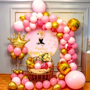 1 Pink Theme Dance Girl Polyester Backdrop Happy Birthday Poster Latex Balloon Arch Set for Girls’ Birthday Party Decoration