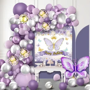 1 Purple Butterfly Foil Balloon Happy Birthday Poster Balloon Arch Garland Kit Durable 4 color Printed Kids’ Birthday Party