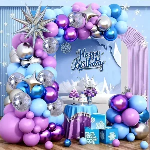 1 Snowy Theme Happy Birthday Poster Background Blue Purple Latex Balloon Arch for Adult and Children’s Birthday Party Decoration