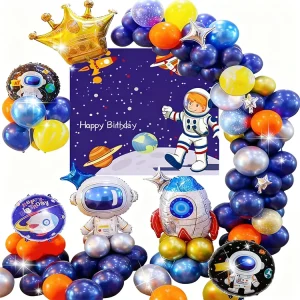 1 Space Theme Happy Birthday Balloon Set for Boys’ Kids’ Birthday Party Decoration Rocket Astronaut Foil Balloons Backdrop