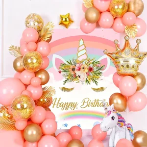 1 Unicorn Themed Aluminum Film Balloon 4 Color Printed Durable Poster Backdrop Birthday Party Decoration Balloon Set for Girls’