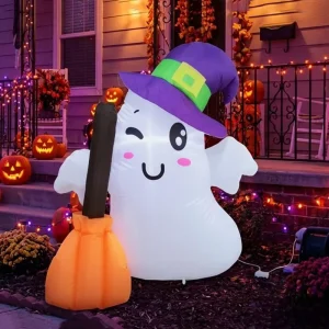 1.2-meter Halloween Inflatable Figure Wearing Wizard Hat White Ghost LED Lights Outdoor Yard Ornament
