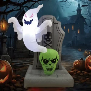 1.5-meter Halloween Inflatable Ghost Tombstone Green Skeleton Glowing Model Horror Atmosphere Outdoor Garden Decoration Ornament