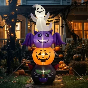 1.8-meter Halloween Inflatable Ghost Bat Black Cat Pumpkin Stackable Model LED Lights Outdoor Yard Party Decoration