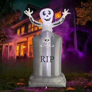 1.8-meter Halloween Skeleton with RIP Tombstone LED-lit Inflatable Air Sculpture Courtyard Horror Atmosphere Decoration Ornament