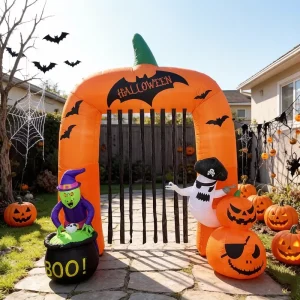 10 FT Giant Halloween Inflatable Pumpkin Arch Witch Ghost & Pirate Outdoor Yard Decorations Polyester LED Lights Party Holiday