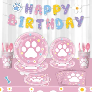 10 Pieces Colorful Paper Plates Napkins Dog Paw Themed Set for Birthday Party Decoration