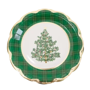 10.5 Inch 300g 24Pcs Gold Trimmed Green Plaid Dinnerware Platos Desechables for Festive Tableware Paper Plate