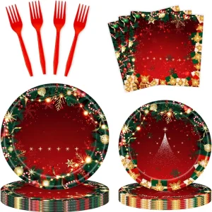 100 Pcs Merry Christmas Party Supplies Serves 25 Red Green Holiday Disposable Durable Cardboard Tableware Includes Paper Plates