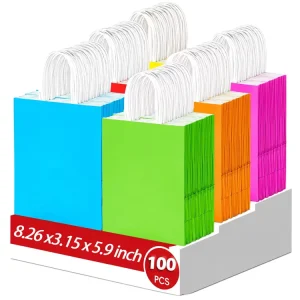 100Pcs Assorted 10 Color Kraft Paper Gift Bags Vest Handles 8.3×4.3×10.6in Eco Friendly Supermarket Exhibition Birthday Party