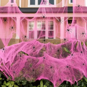 100g Pink Spider Webs Birthday Decorations with 40 Extra Fake Spiders Super Stretchy Cobwebs for Halloween Decor Party Supplies