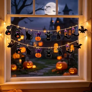 10PCS Black Cat Halloween Wood Banners Prints of Pumpkins and Witches for Parties Harvest Weddings Hang Anywhere