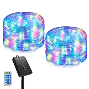 10m 100 LED Solar RGB soft White Tube Light Strip with 8 Remote Control Functions for Festive Decoration
