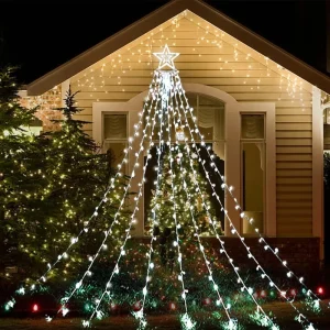 11.5ft Outdoor Christmas Waterfall Lights with 8 Modes Warm White LED Holiday String Lights for Yard Tree House Decoration