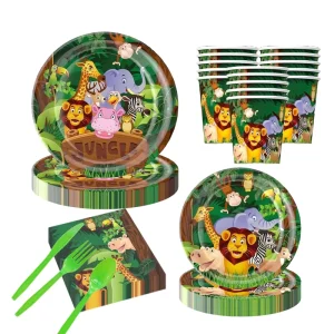 112pcs 16people Disposable Safari Animals Pattern Halloween & Ramadan Birthday Party Tableware Teens Decoration Sets for Boys