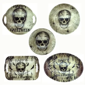 12/15IN Vintage Halloween Skull Serving Trays and Plates Set Assorted Skeleton Spider Bat Design Platters for Party Food and Decor