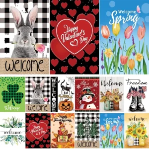 12 Double Sided Polyester 12×18 Inch UV Resistant Outdoor Fall Winter Halloween Christmas Holiday All Seasonal Garden Flags Set