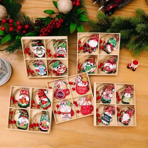 12 Hand Painted Wooden Santa Claus Ornaments Christmas Tree Hanging Decorative Gift Box Set Christmas Gifts MNQ Brand