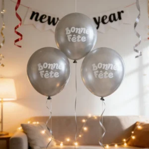 12 Inch Metallic Silver ‘Bonne Fete’ Balloons French Birthday Party Decor Disposable Latex Balloon Pack Graduation Mother’s Day