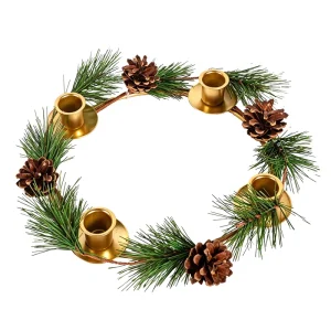 12 Inch Plastic Advent Wreath Candle Ring 4 Golden Taper Candle Holders Artificial Pinecone Thanksgiving Halloween Easter