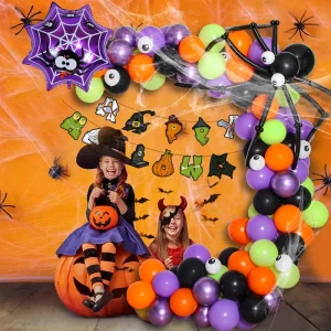 12 Inch Round Latex & Foil Balloons with Spider Pumpkin Design Portable Letterpress Printed for Halloween Party Decorations