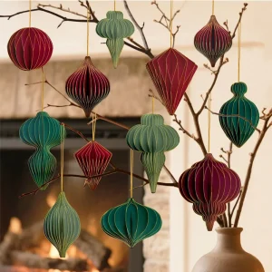 12 Pcs Christmas Paper Honeycomb Ornaments Lanterns 3D Glitter Edge Reusable Hanging Decor for New Year Holiday Party Home Green
