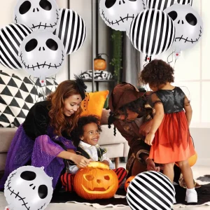 12 Pcs Halloween Aluminum Foil Balloons 18x20inch Black White Striped Skeletons Masquerade Themed Party Birthday Baby Shower