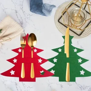 12 Piece Festive Dining Party Decoration Christmas Tree Shape Felt Knife Fork Set Pocket Tableware Mat