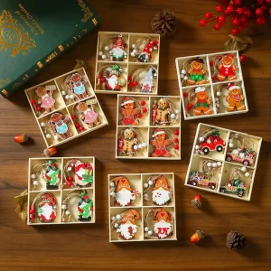 12-Piece Wooden Christmas Ornament Set with Gnome and Gingerbread Man