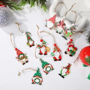 12-Piece Wooden Christmas Tree Hanging Decorations, Santa Claus, Gnome and Elf Ornaments