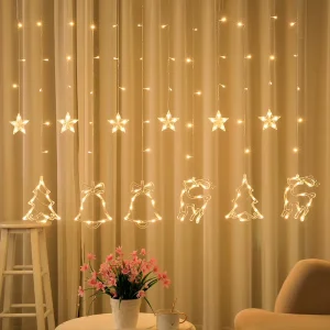 120 LED Christmas Window Curtain Lights Bells Tree Stars Hanging Fairy String Lights
