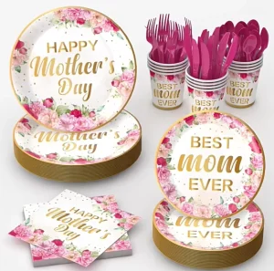 128pcs set Mother’s Day Themed Party Set Disposable Paper Plate Cup Dessert Cutlery Tablecloth Party Supplies for 16 Guests