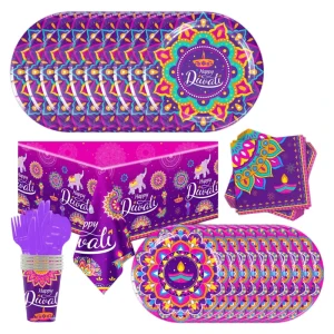 12Guests Happy Diwali Paper Plates Festival Lights Party Tableware Set Disposable Purple Rangoli