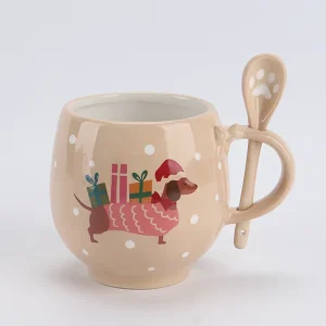 12oz Christmas Dachshund Ceramic Mug with Paw Spoon Festive Tan Doxie Coffee Cup Santa Hat & Sweater