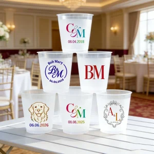 12oz Custom Wedding Reception Bar Frosted Cups Reusable Shatterproof Stadium Plastic Cup with Initial Housewarming Gift Monogram