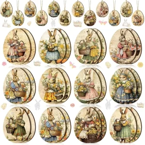 12pcs Easter Spring Country Style Retro Bunny Wooden Egg Shaped Hanging Decorations Home Party Supplies