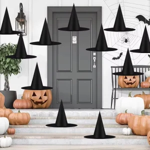 12pcs Halloween Black Witch & Wizard Hats Cloth 36x38cm Costume Accessory Decorations Hanging Bulk for Women Kids Rope