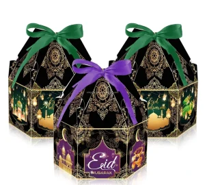 12pcs Pack Modern Hexagon Ramadan Gift Boxes Eid Mubarak Candy Chocolate Packaging Paper Muslim Party Decorations Tableware