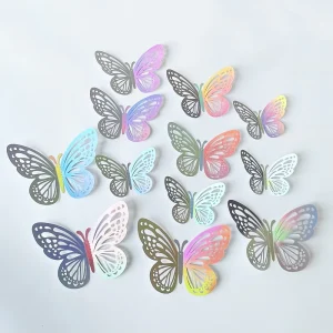 12pieces-Pack Metallic Textured 3D Hollow Butterfly Stickers Realistic Butterfly Home Decor Wall Stickers Florists Bouquet Decor