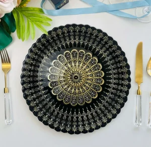 13 Inch Lace Glass Charger Plates Black Scalloped Edge Underplates for Wedding Party Event Table Centerpiece