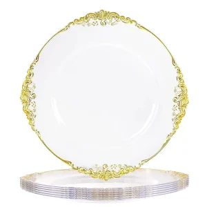 13″ Plastic Gold Rim Clear Charger Plates Wedding Underplate with Gold Embossed Rim Decorative Table Charger for Dinner Plate