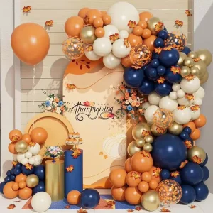 138 Pcs Thanksgiving Balloon Garland Arch Kit with Navy Orange White Gold Balloons Fall Party Baby Shower Harvest Balloon Decor