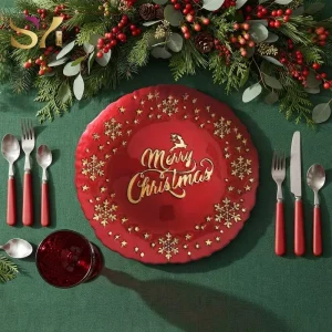 13Inch Dark Red Glass Charger Plates with Silver Snowflake Embossed for Christmas Holiday Winter Banquet Table Decor