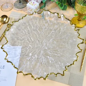 14 Inch Glass Charger Plates with Gold Rim 3D Leaf Veins Textured Organic Serving Plates for Wedding Banquet Table Decor