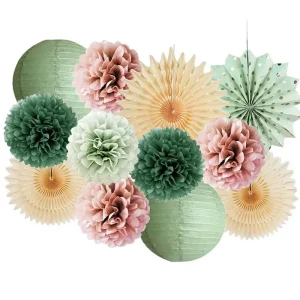 14 piece Pink and green Birthday Decor Set Beige Latex Fans Olive green Latex Pom poms Gold Birthday Banner Lanterns